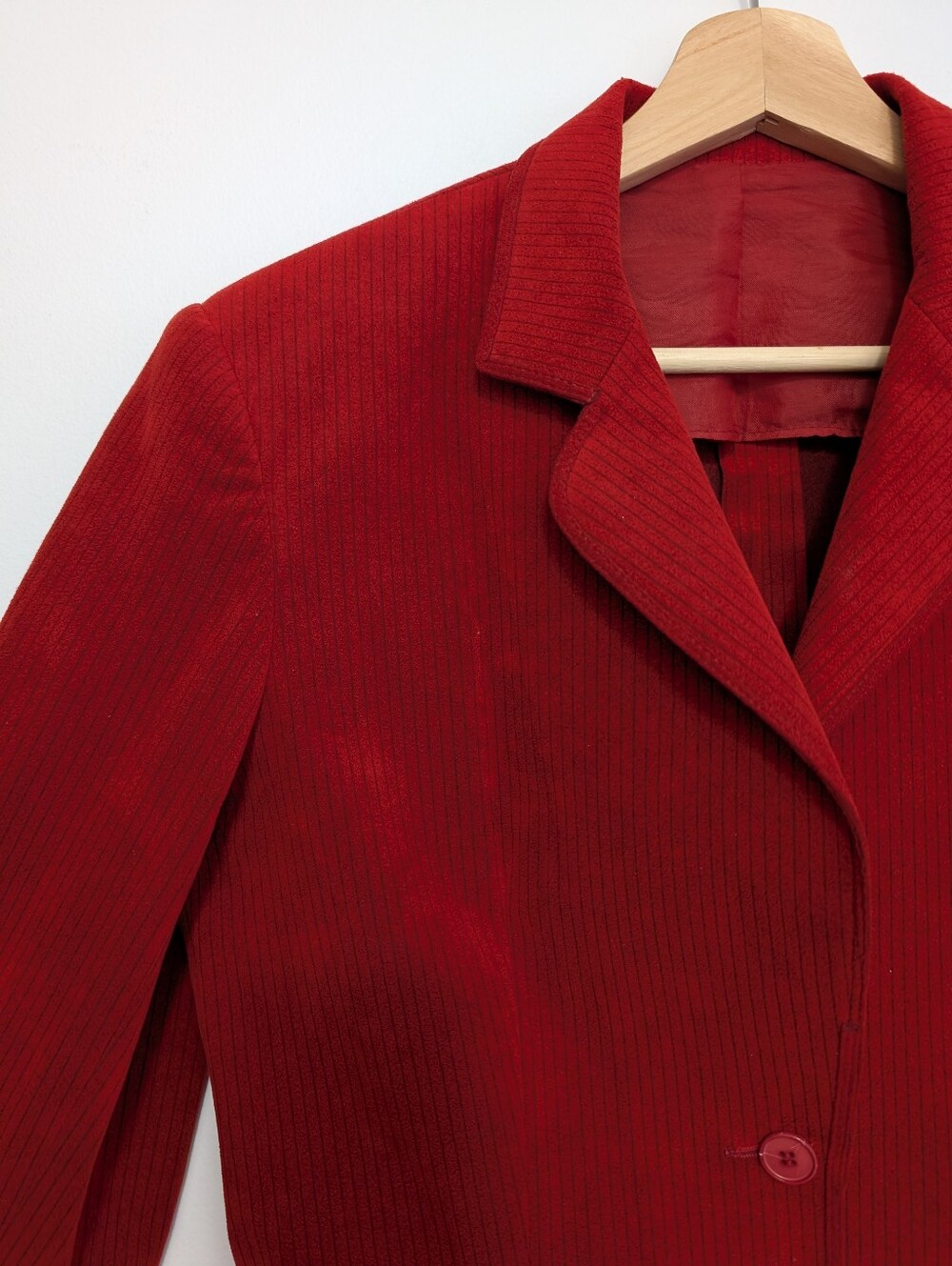 Vintage 80s Eaton Ultrasuede Blazer Red Pinstripe Vegan Faux Leather Suit Jacket